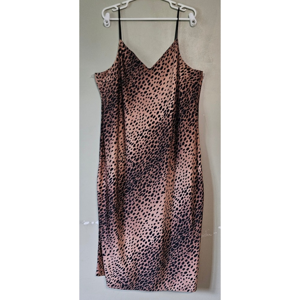Good American Leopard Print Satin Slip Dress Midi V-Neck Brown Size 5